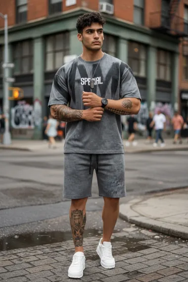 Compleu de vara tricou oversize + pantaloni gri SA22