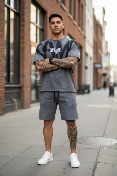 Compleu de vara tricou oversize + pantaloni gri SA22