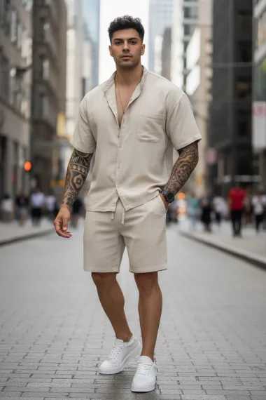 Compleu de vara camasa + pantaloni bej 004