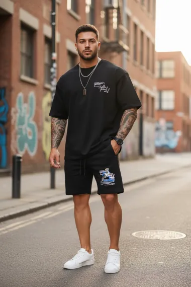 Compleu de vara tricou oversize + pantaloni negru 030