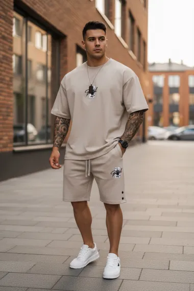 Compleu de vara tricou oversize + pantaloni bej 036