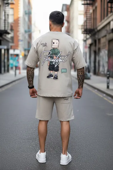 Compleu de vara tricou oversize + pantaloni bej 036