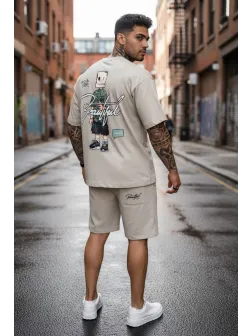 Compleu de vara tricou oversize + pantaloni bej 036