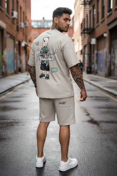 Compleu de vara tricou oversize + pantaloni bej 036