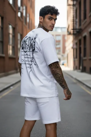 Compleu de vara tricou oversize + pantaloni alb 052