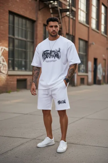Compleu de vara tricou oversize + pantaloni alb 052