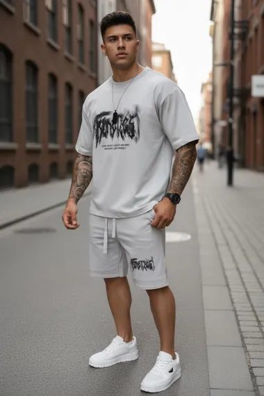 Compleu de vara tricou oversize + pantaloni gri 052