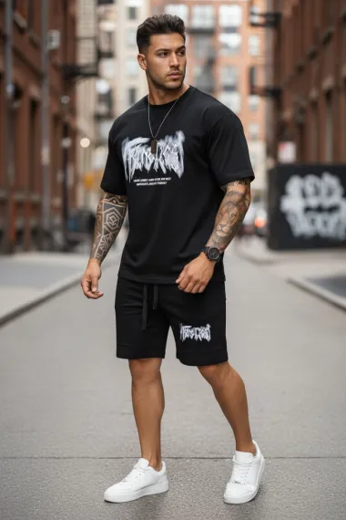 Compleu de vara tricou oversize + pantaloni negru 052