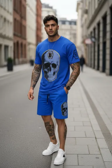 Compleu de vara tricou oversize + pantaloni albastru 538