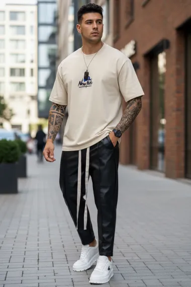 Tricou barbati bej cu imprimeu, oversize 1786 D3-4.1