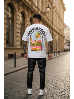 Tricou barbati alb cu imprimeu, oversize 1858 D3-1.3