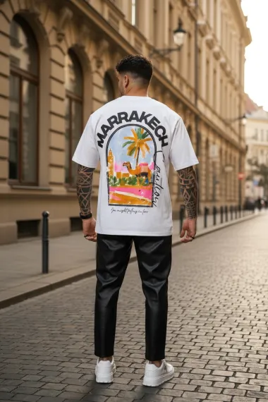 Tricou barbati alb cu imprimeu, oversize 1858 D3-1.3