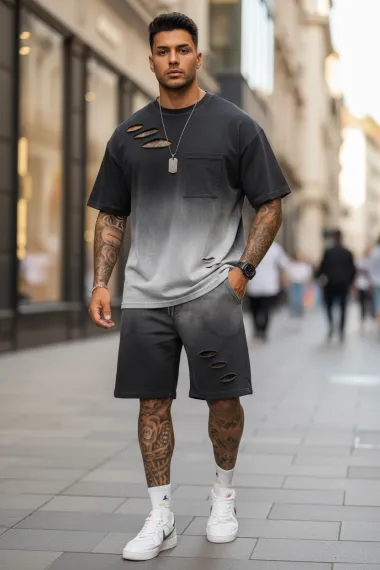 Compleu de vara, tricou + pantaloni, negru 8001