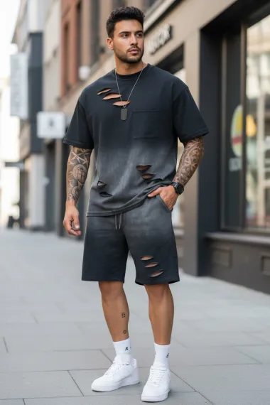 Compleu de vara, tricou + pantaloni, negru 8001