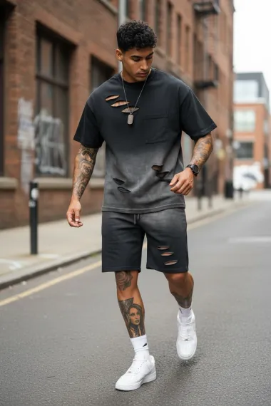 Compleu de vara, tricou + pantaloni, negru 8001