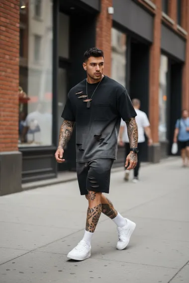 Compleu de vara, tricou + pantaloni, negru 8001