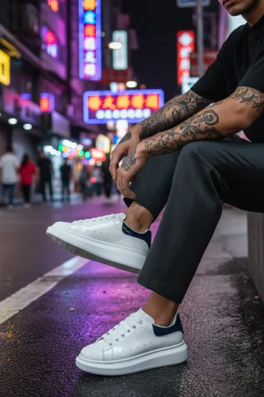 Adidasi barbati casual, albi cu negru, luciosi AAA