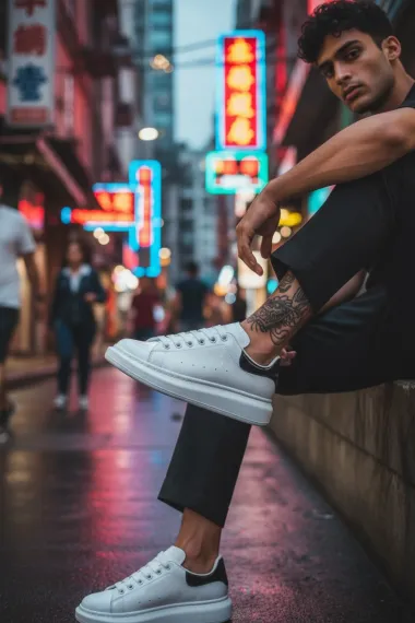 Adidasi barbati casual, albi cu negru, luciosi AAA