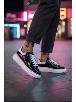 Adidasi barbati casual negri luciosi cu talpa alba VIP ZR AAA