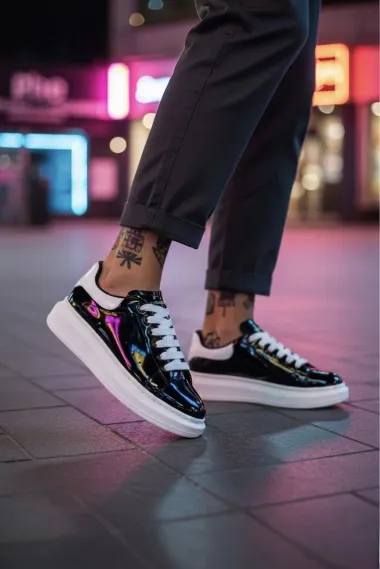 Adidasi barbati casual negri luciosi cu talpa alba VIP ZR AAA