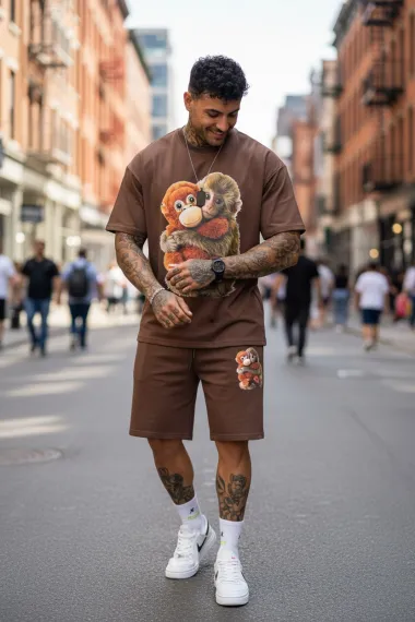 Compleu de vara, triocu + pantaloni, maro 4001