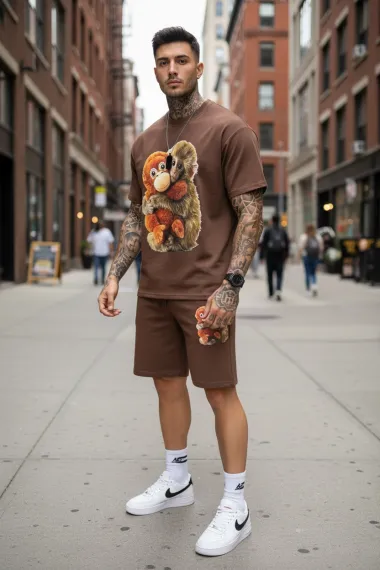 Compleu de vara, triocu + pantaloni, maro 4001