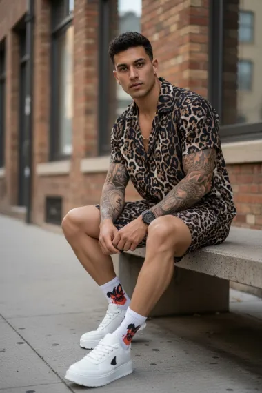 Compleu de vara camasa cu imprimeu + pantaloni animal print maro P7