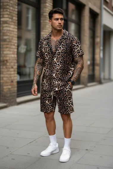 Compleu de vara camasa cu imprimeu + pantaloni animal print maro P7