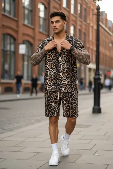 Compleu de vara camasa cu imprimeu + pantaloni animal print maro P7