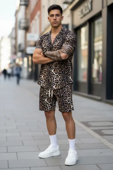 Compleu de vara camasa cu imprimeu + pantaloni animal print maro P7