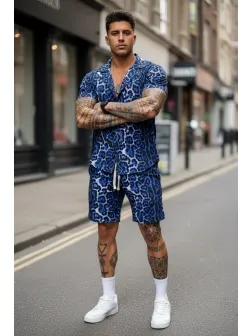 Compleu de vara camasa cu imprimeu + pantaloni animal print albastru P7