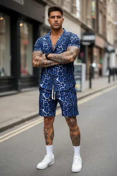 Compleu de vara camasa cu imprimeu + pantaloni animal print albastru P7