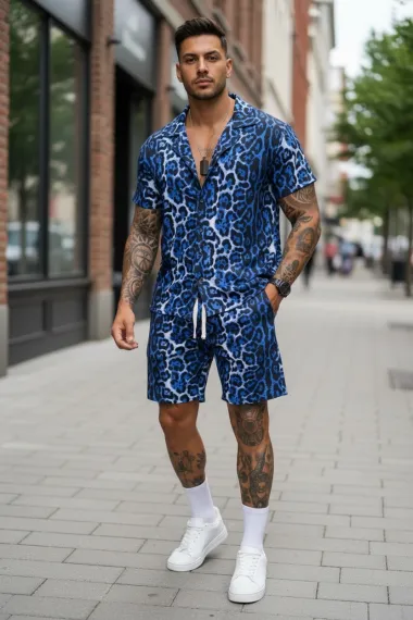 Compleu de vara camasa cu imprimeu + pantaloni animal print albastru P7