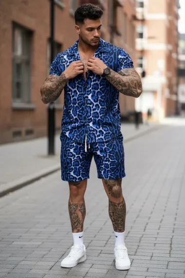 Compleu de vara camasa cu imprimeu + pantaloni animal print albastru P7