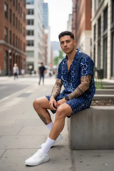 Compleu de vara camasa cu imprimeu + pantaloni animal print albastru P7