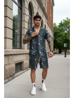 Compleu de vara camasa cu imprimeu + pantaloni animal print gri P7