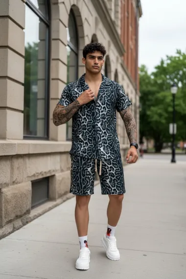 Compleu de vara camasa cu imprimeu + pantaloni animal print gri P7