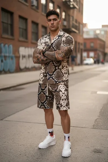 Compleu de vara camasa cu imprimeu + pantaloni maro P8