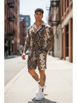 Compleu de vara camasa cu imprimeu + pantaloni maro P8