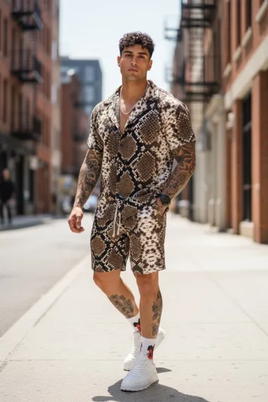 Compleu de vara camasa cu imprimeu + pantaloni maro P8