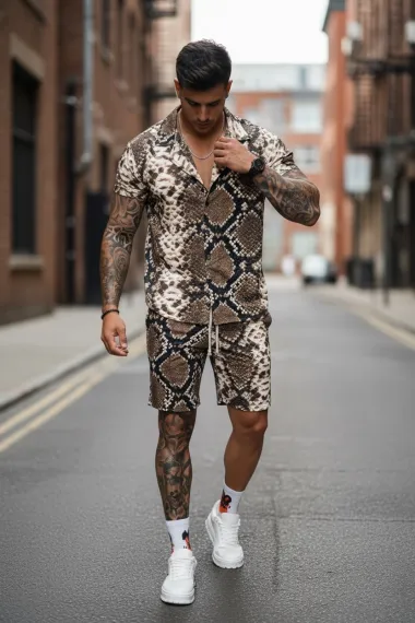 Compleu de vara camasa cu imprimeu + pantaloni maro P8