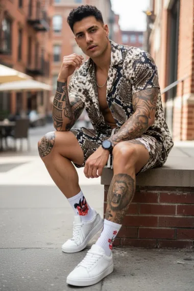 Compleu de vara camasa cu imprimeu + pantaloni maro P8