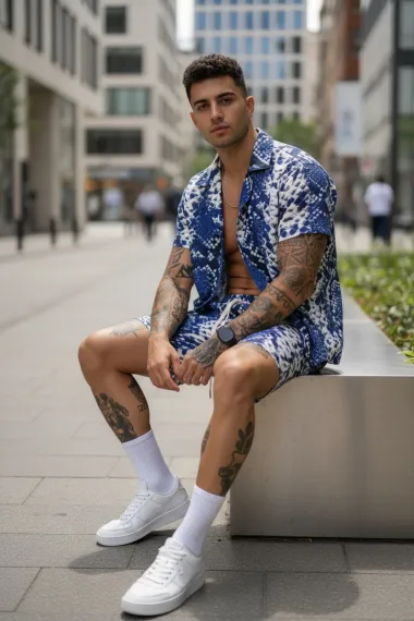 Compleu de vara camasa cu imprimeu + pantaloni albastru P8