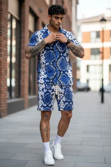 Compleu de vara camasa cu imprimeu + pantaloni albastru P8