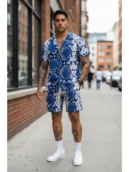 Compleu de vara camasa cu imprimeu + pantaloni albastru P8