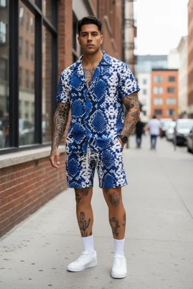 Compleu de vara camasa cu imprimeu + pantaloni albastru P8