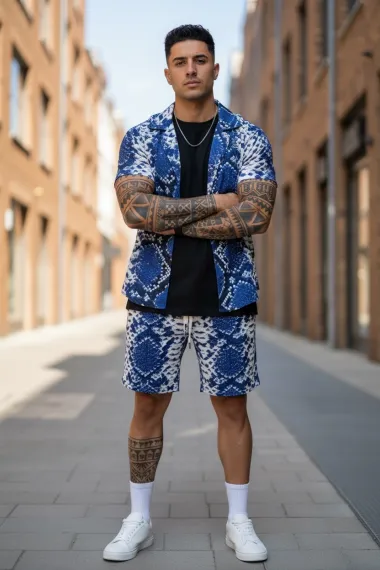 Compleu de vara camasa cu imprimeu + pantaloni albastru P8