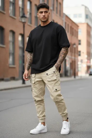 Pantaloni de trening cargo, bej, conici Y310 120-4