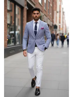 Sacou barbati slim fit cu imprimeu albastru B4235 9-4