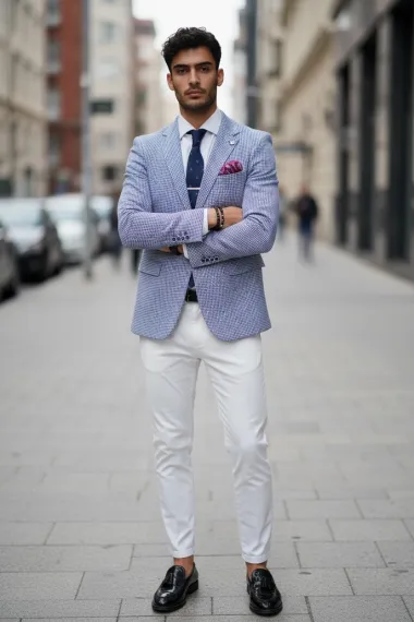 Sacou barbati slim fit cu imprimeu albastru B4235 9-4